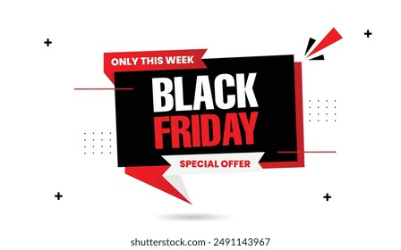 Black Friday only this week special offer banner template design with white background and black and red shapes, perfect for high conversion promotions and sales events special, banner, sale, promo