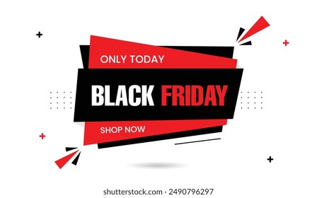 Black Friday only today shop now banner template design with white background and black and red shapes, perfect for promoting limited time offers and exclusive deals