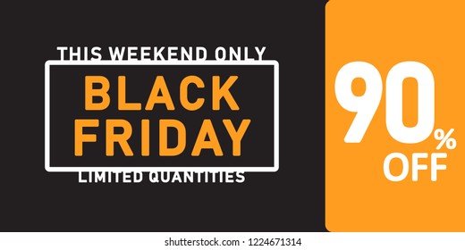 Black friday orange discount card 90%. Horizontal sale banner. Minimalistic vector 
flyer illustration.