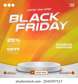 Black Friday orange gradient background banner poster social media discount sale with white circle podium stage