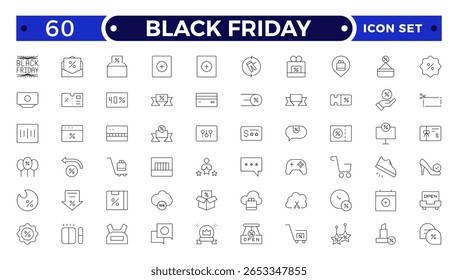 Black Friday Outline icon set. Shopping and e-commerce, cart, discount, gift, holidays sale, wallet, store. Outline icons pack.
