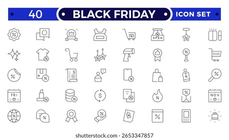 Conjunto de ícones do Black Friday Outline. Compras e e-commerce, carrinho, desconto, presente, venda de feriados, carteira, loja. Contornar ícones de pacote.
