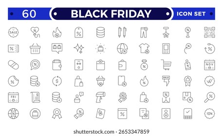 Black Friday Outline icon set. Shopping and e-commerce, cart, discount, gift, holidays sale, wallet, store. Outline icons pack.
