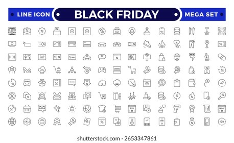 Conjunto de ícones do Black Friday Outline. Compras e e-commerce, carrinho, desconto, presente, venda de feriados, carteira, loja. Contornar ícones de pacote.
