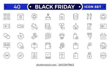 Black Friday Outline icon set. Shopping and e-commerce, cart, discount, gift, holidays sale, wallet, store. Outline icons pack.

