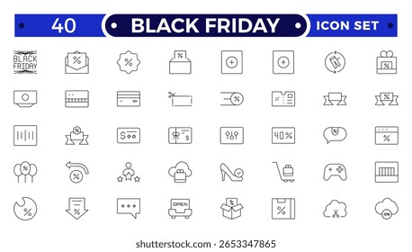 Black Friday Outline icon set. Shopping and e-commerce, cart, discount, gift, holidays sale, wallet, store. Outline icons pack.
