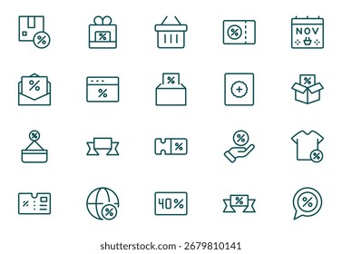 Black Friday Outline icon set. Shopping and e-commerce, cart, discount, gift, holidays sale, wallet, store. Thin outline icons pack. Vector illustration