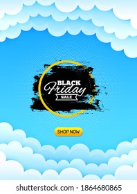 Pincel negro de pintura de viernes. Fondo del cielo en la nube con mensaje de oferta. Marco de banner de venta. Icono de etiqueta de cupón. Mejor banner en la nube de cupones publicitarios. Forma negra de la insignia del viernes. Fondo del cielo azul. Vector