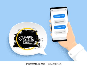 Black friday paint brush. Hand holding phone with chat messages. Sale banner frame. Coupon tag icon. Black friday badge. Smartphone with chatting speech bubbles. Messenger conversation. Vector