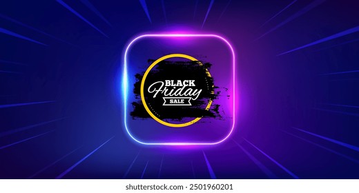 Black friday paint brush. Neon light frame offer banner. Sale banner frame. Coupon tag icon. Black friday promo event flyer, poster. Sunburst neon coupon. Flash special deal. Vector