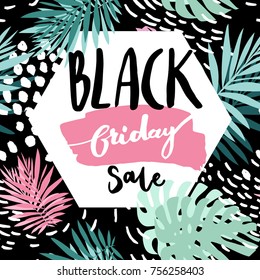 Black Friday Palm Leaves sale inscription design template. Black Friday banner. Vector illustration jungle leaves seamless vector floral pattern background white hexagon on black background
