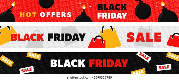 Banner panorâmico Black Friday com carteiras de compras, bombas incendiadas e ingressos para venda. Cabeçalhos com design plano arrojado para promoções, anúncios online, comércio eletrônico e campanhas de marketing de varejo.