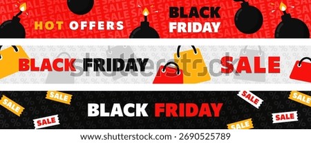 Black Friday panoramic banner set with cartoon shopping bags, burning bombs, and sale tickets. Headers with bold flat design for promotions, online ads, e-commerce, and retail marketing campaigns.