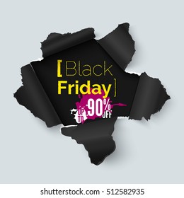Black Friday paper banner with space for text. Realistic vector illustration of hole in paper isolated on white background.