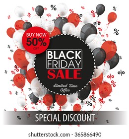 Black friday paper circles with black, red and white balloons and percents on the white. Eps 10 vector file.