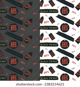 Black Friday PATTERN. Linear text illustration of "super sale" on sales coupons. Sale coupon design template. Vector set of isolated blank coupons for Black Friday sale.