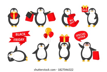 Black Friday Penguin cartoon set. Smile happy character with sale background or speech bubble. Cute flat hand drawn penguins collection. Isolated vector illustration