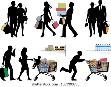 Black Friday. People in hurry, pre-holiday fever. Several people vector silhouettes. You can put each number of products in shopping trolley