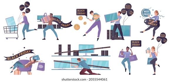Black friday people set of flat icons with running shopaholics holding balloons shopping bags and goods vector illustration
