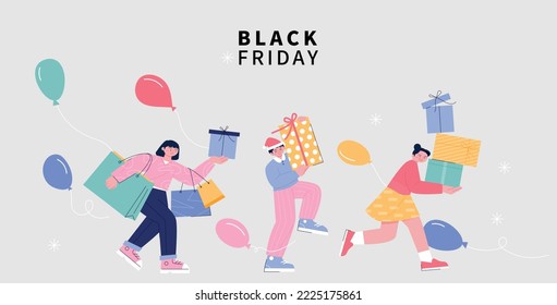 Black Friday. People are walking happily with shopping bags and shopping boxes. flat vector illustration.