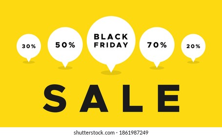 Black Friday and  percents off inside speech bubbles. Vector illustration, flat design