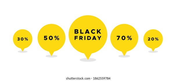 Black Friday and  percents off inside speech bubbles. Vector illustration, flat design