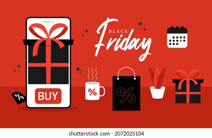 Black Friday phone online shopping. Black Friday online shopping design element concept. Vector cartoon illustration