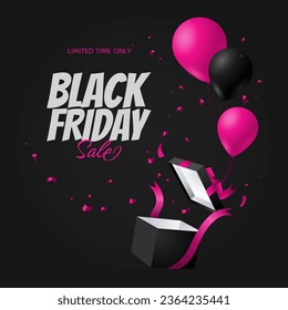 Viernes Negro con globos negros y rosados y caja de regalo abierta