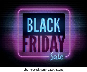 Black friday pink blue neon light box with annual discount offer promo. Youth style seasonal clearance advert. Price reduction minimal sticker design. Year biggest sale vector banner template.