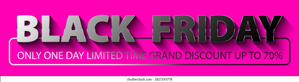 Black Friday pink horizontal web banner. Glossy black mirror text with thin golden frame on pink background. Silver text in frame. One day only limited time grand discount