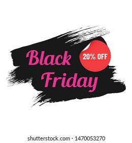 black friday pink lettering on black brush stroke with round red discount sticker. 20 percents off discount. black friday commercial illustration for seasonal promotions and advertising in stores