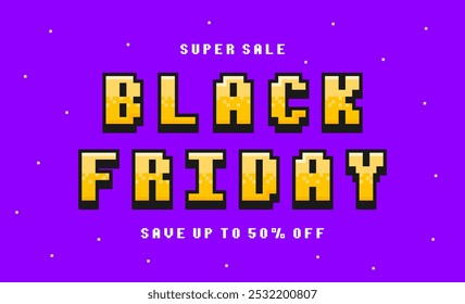 Black Friday pixel art banner. Black Friday text in 8-bit retro games style. Pixelated sale banner template. Vector illustration.