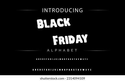 Black Friday Playful style font design, childish alphabet letters and numbers vector illustration