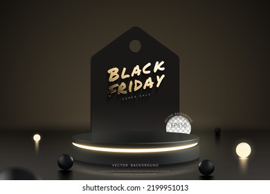 Black Friday podium background, podium neon with tag, Vector illustration