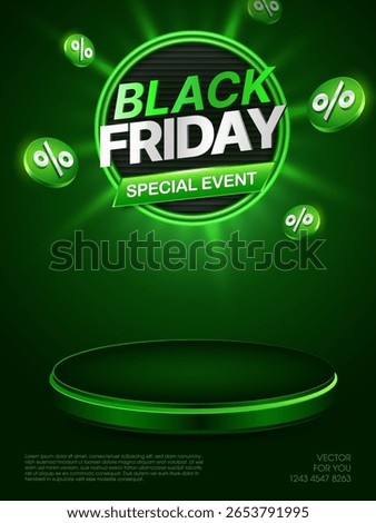 Black Friday podium banner template with flying discount percent tags, isolated on deep green background with club light effect. Black Friday product showcase banner template in 3d vector