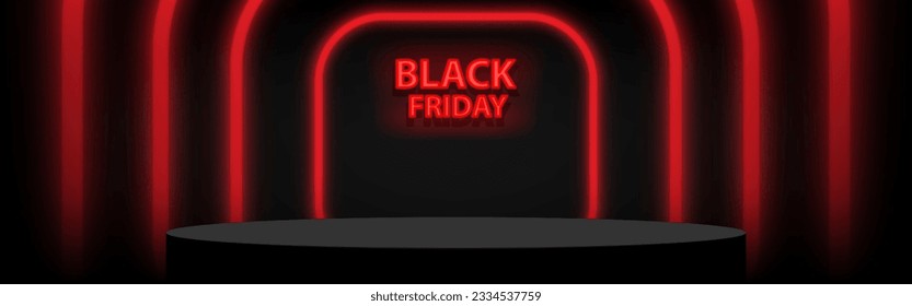 Black Friday. Black podium for product display decor with Red neon light on Black background. Stage pedestal for advertising, sale, promotion, show, award ceremony. Vector illustration.