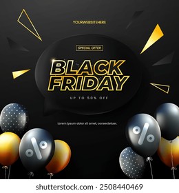 Black Friday with polygon elements and realistic balloons. Special offer banner background for Black Friday. Futuristic Black Friday banner design.