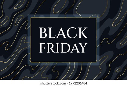 Black friday poster. Abstract dark background with shapes and golden lines for sale in the store. Vector illustration