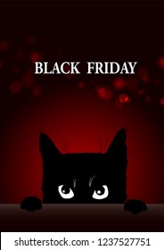 Black friday poster with angry black cat looks out from under a table, vector illustration