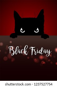 Black friday poster with angry black cat looks out from under a table, vector illustration