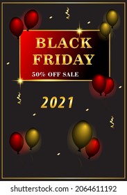 Afiche del viernes negro con globos de color rojo y dorado