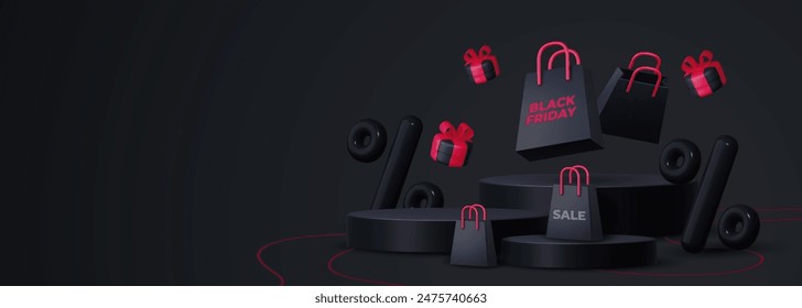 Black Friday poster or banner featuring a black gift box, shopping bag, discount balloon and product display podium. Designed as a sales banner template for social media and websites.