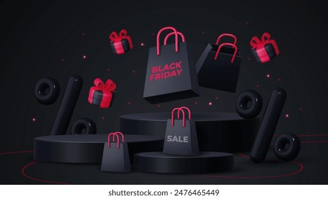 Black Friday poster or banner featuring a black gift box, shopping bag, discount balloon and product display podium. Designed as a sales banner template for social media and websites.