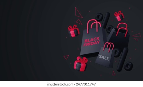 Black Friday poster or banner featuring a black gift box, shopping bag, discount balloon and product display podium. Designed as a sales banner template for social media and websites.