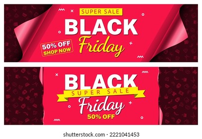 Afiche o banner del Viernes Negro con el concepto de papel de envoltura de regalo abierto e iconos de compras.Ilustración vectorial. Juego de banderas largas