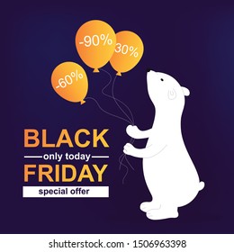 Black friday. Poster big bear with balloons and sale per cent off. Animal symbol of polar. Vector illustration