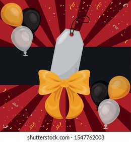 black friday poster with commercial tag and balloons helium vector illustration design