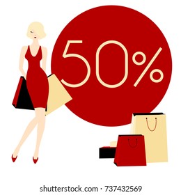 Black Friday poster design with blonde glamour girl isolated on white background. Stock vector illustration of fashion woman with shopping bags.