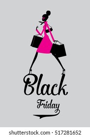 Black Friday poster design with glamour girl wearing pink trench and bun hairstyle. Fashion woman walking with sale shopping bags. Vector illustration.