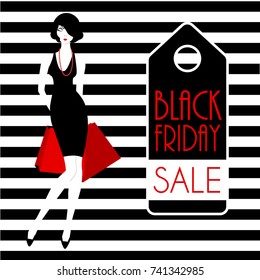Black Friday poster design with glamour girl on black and white stripped background. Stock vector illustration of fashion woman with the shopping bags.